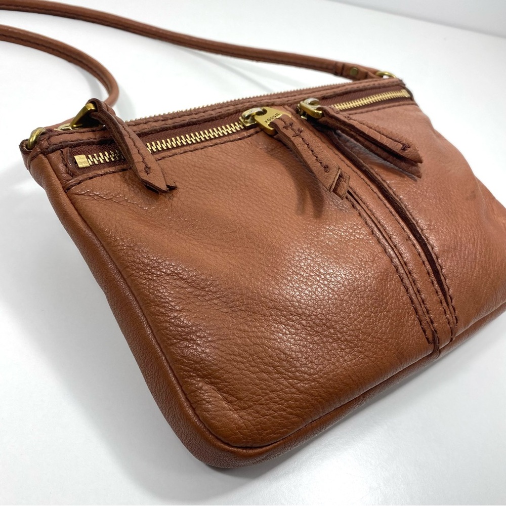 Vintage Fossil Erin Cognac Caramel Brown Pebbled Leather Top Zip Crossbody Bag - Picture 3 of 16